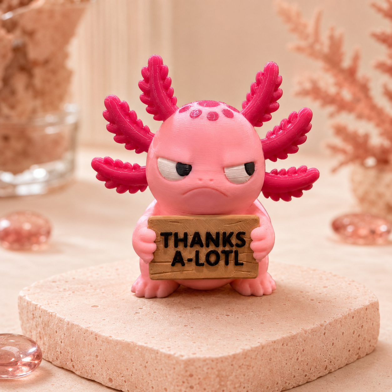 A pink cartoon axolotl figurine holding a wooden sign that reads 'THANKS A-LOT!' stands on a textured beige pedestal against a softly blurred warm beige background with decorative glass and coral-like elements.