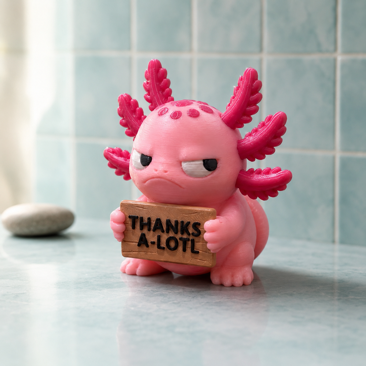 A pink axolotl figurine holding a wooden sign that reads 'THANKS A-LOT!' sits on a light gray surface against a pale blue tiled background.