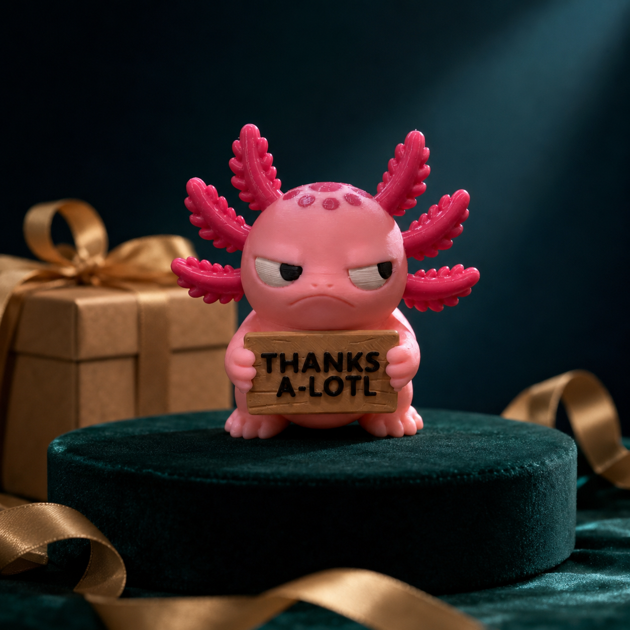 A pink axolotl figurine holding a wooden sign that reads 'THANKS A-LOT' stands on a dark green pedestal. A wrapped gift box with a gold ribbon is blurred in the background against a dark blue backdrop.