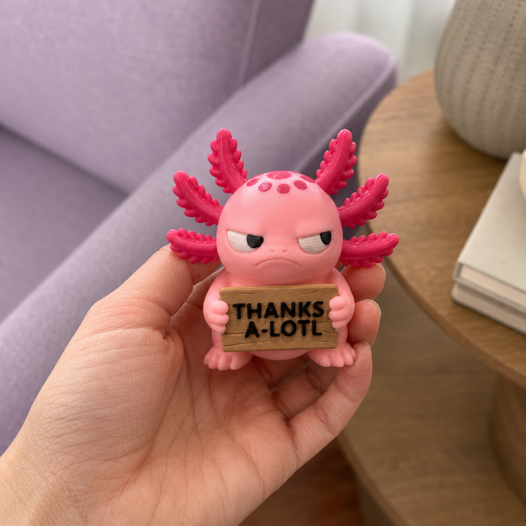 A pink cartoon axolotl figurine held in a hand, holding a small wooden sign that reads 'THANKS A-LOT'. The background shows a soft-focus purple sofa and a wooden table.