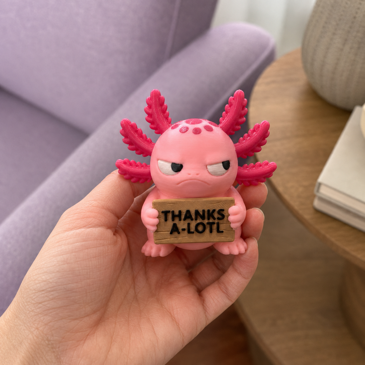 A pink cartoon axolotl figurine held in a hand, holding a small wooden sign that reads 'THANKS A-LOT'. The background shows a soft-focus purple sofa and a wooden table.