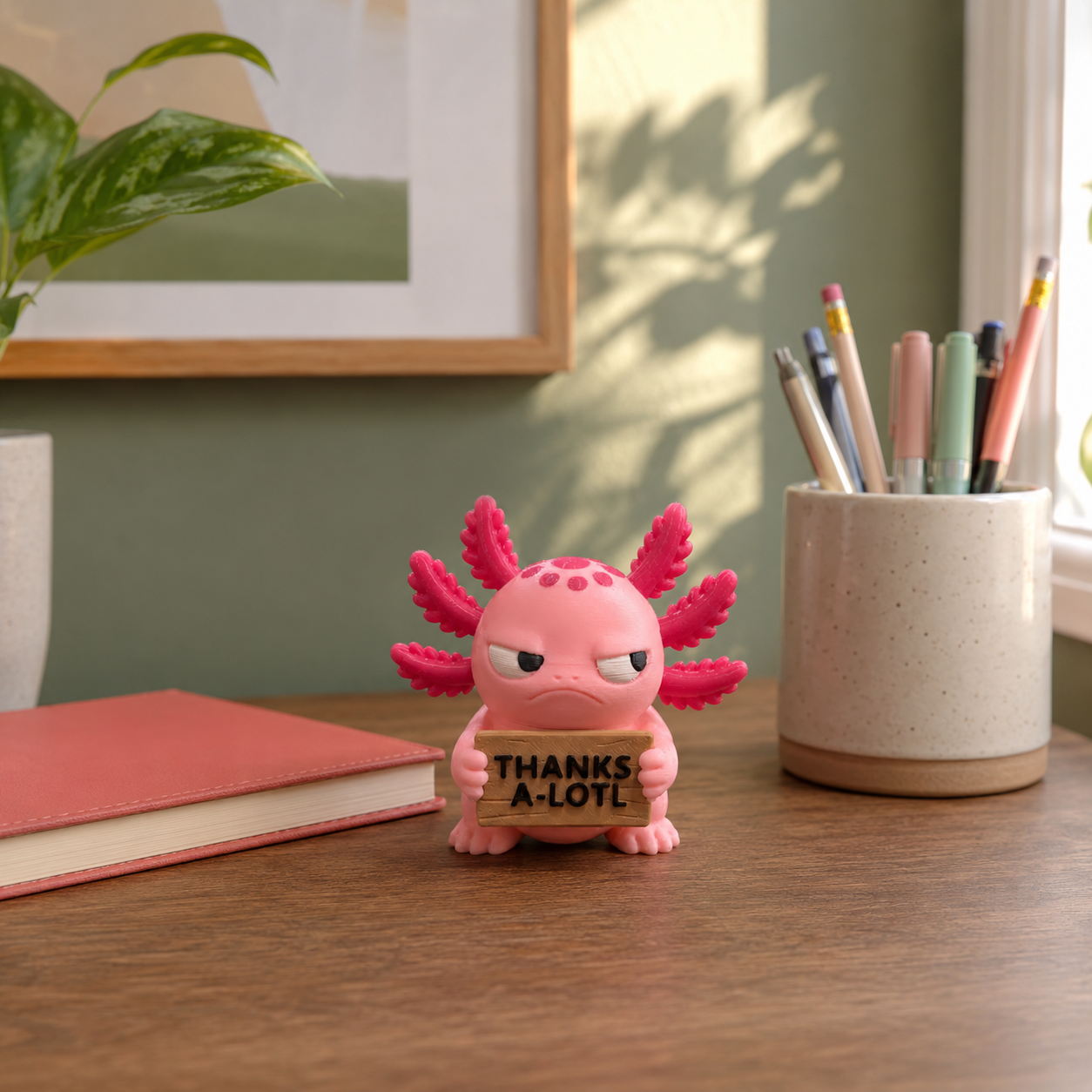 A small pink cartoon axolotl figurine holding a sign that says 'THANKS A-LOT!' sits on a wooden desk in a styled room setting with a book, framed wall art, a plant, and a cup of pens.