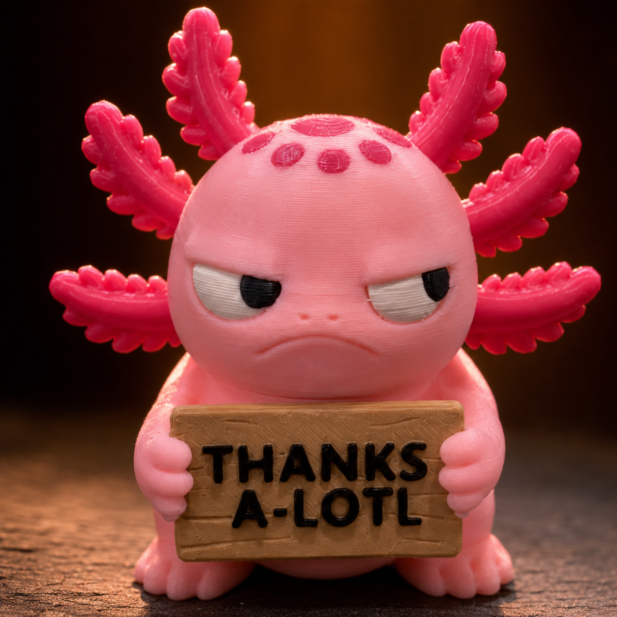 A pink cartoon axolotl figurine with a grumpy expression, holding a wooden sign that reads 'THANKS A-LOT'. The background is a dark, warm-toned, blurred setting.