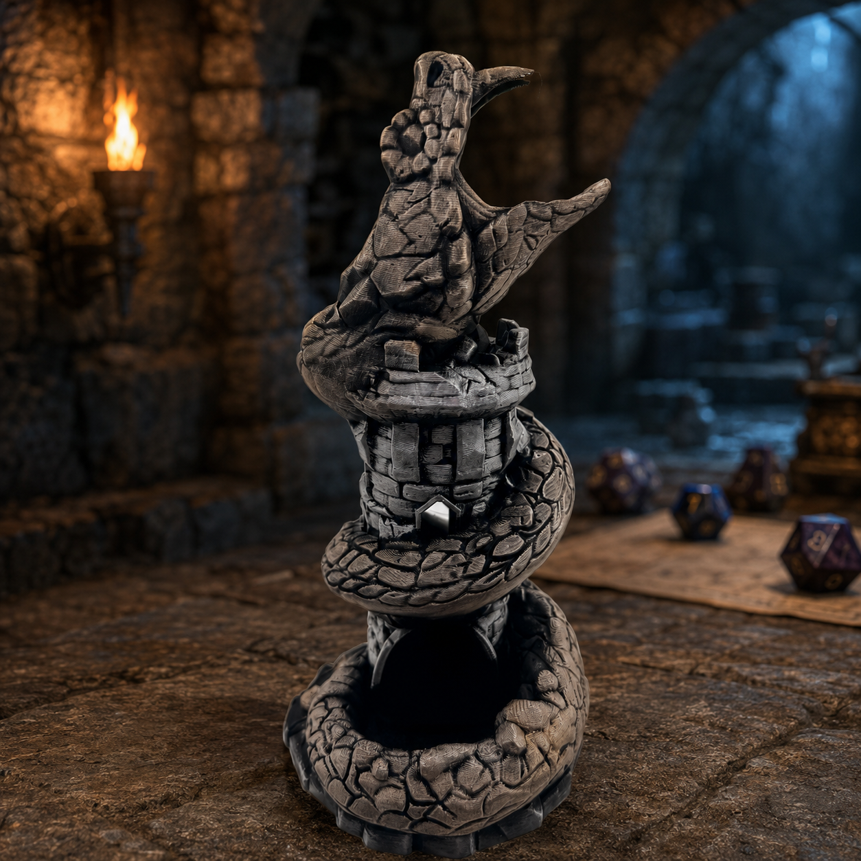 A fantasy tabletop decor piece shaped like a coiled stone serpent or dragon wrapped around a small tower, displayed in a dimly lit stone room with blurred dice and a torch in the background.