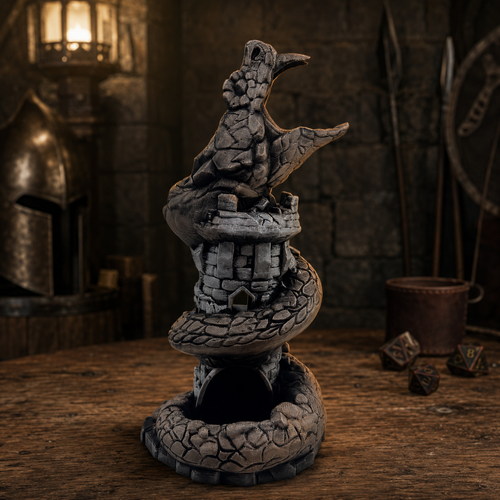 A gothic-style serpent perched atop a stone tower and coiled serpent base, displayed on a wooden table in a dimly lit fantasy-themed room with a helmet, lantern, and dice in the background.
