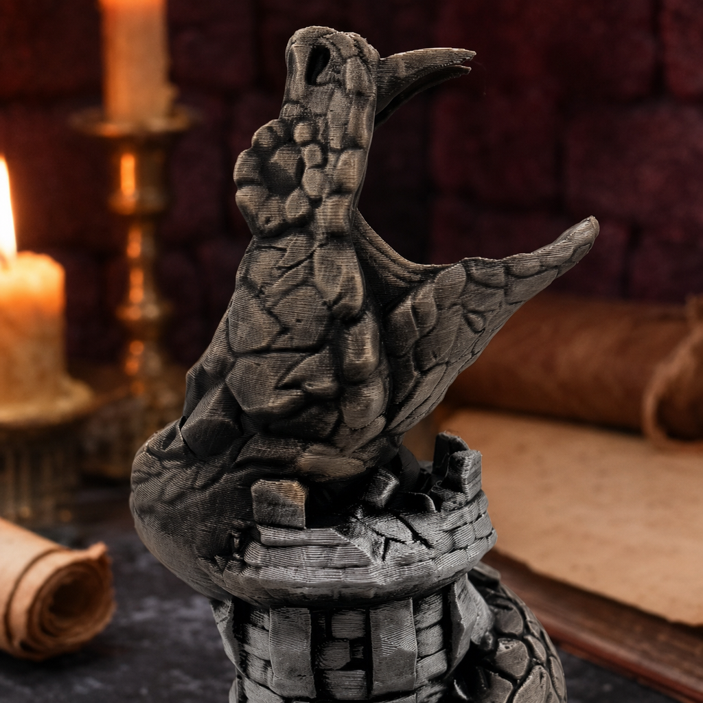 A dark gray serpent figurine with its wings spread, perched on a stone-like pedestal. The background is a dimly lit, atmospheric scene with a burning candle, parchment, and a dark brick wall.