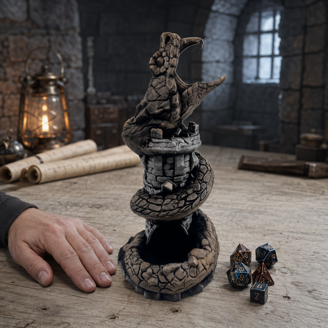 A fantasy tabletop scene showing a stone serpent figurine perched atop a coiled serpent base, placed on a wooden table in a dimly lit stone room. A human hand is visible at left, and several polyhedral dice and rolled scrolls appear nearby.