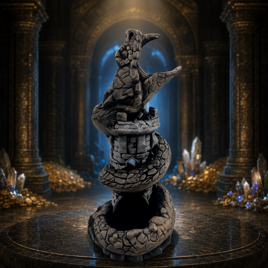 A gothic serpent statue coiled on a stone pedestal, set in a dark, ornate temple with gold columns and glowing blue crystal accents.