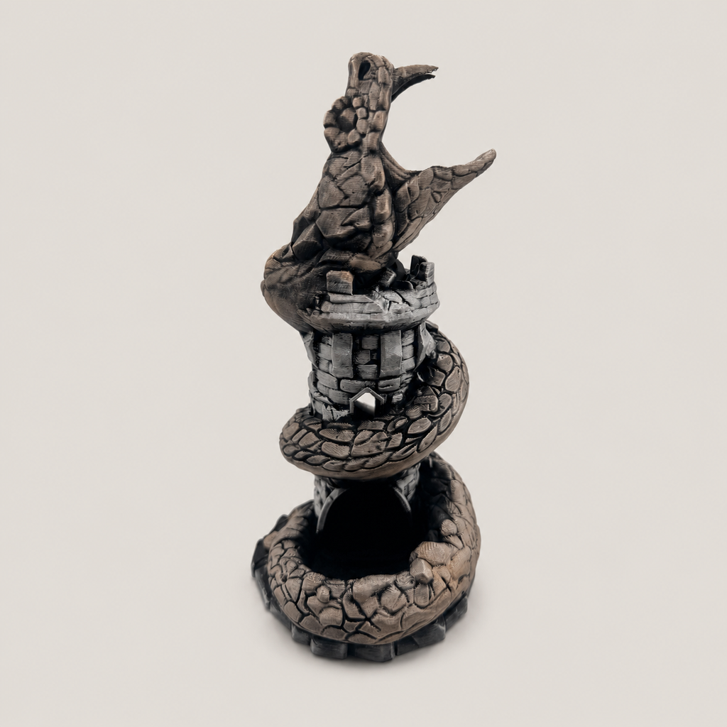 A gothic-style serpent figurine coiled around a stone tower, set against a solid light gray background.