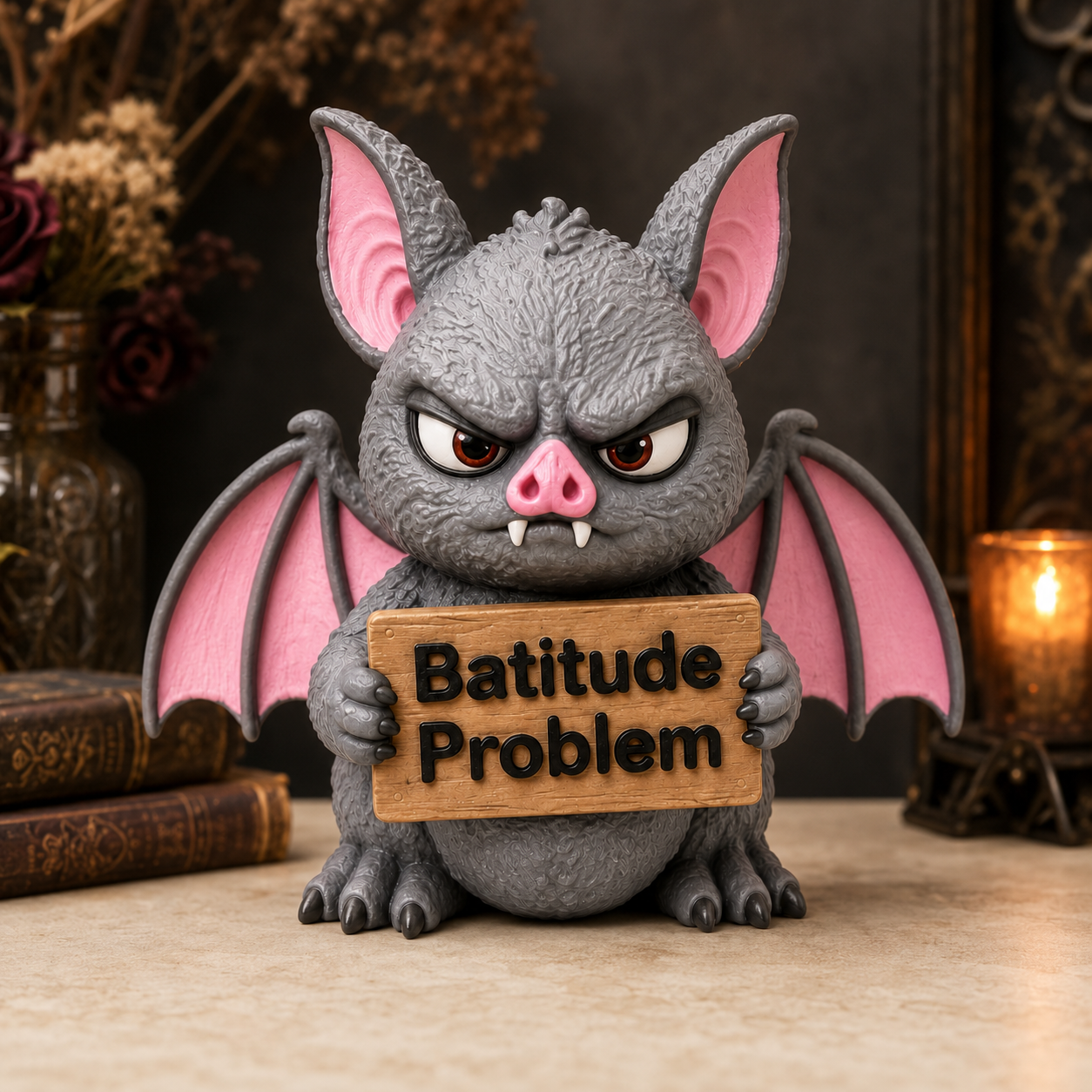 A gray cartoon bat figurine with pink wings and ears holds a wooden sign that reads 'Batitude Problem.' The scene is styled with books, dried flowers, and a lit candle against a dark background.