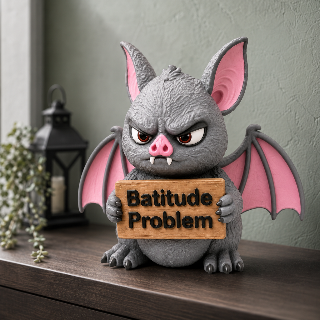 A cute gray cartoon bat figurine with pink wings and ears, holding a wooden sign that reads 'Batitude Problem' in black letters, sitting on a dark wooden surface against a textured gray wall.