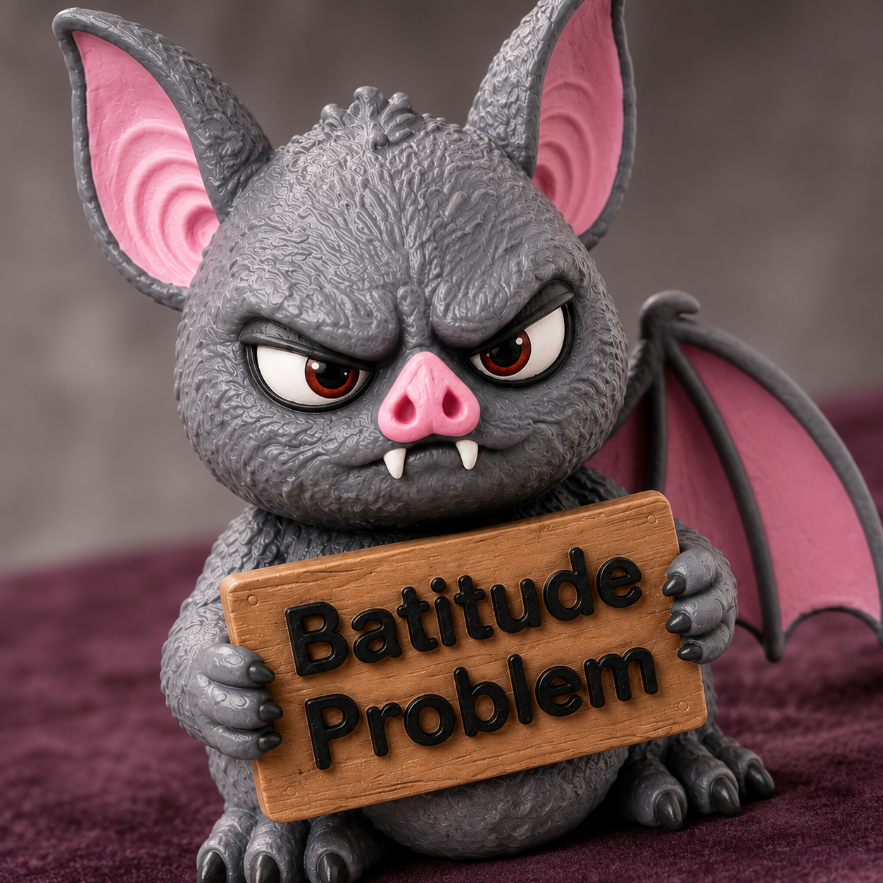 A gray bat-like creature figurine with pink inner ears and wings, holding a wooden sign that reads 'Batitude Problem' in black letters, set against a dark purple textured background.