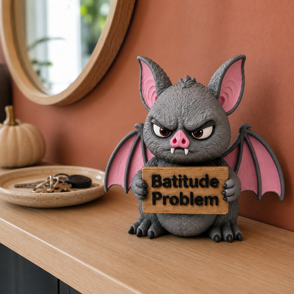 A gray cartoon bat figurine with pink wings and a wooden sign reading 'Bathtub Problem' sits on a wooden surface against a terracotta wall, with a mirror, pumpkin, and small dish in the background.