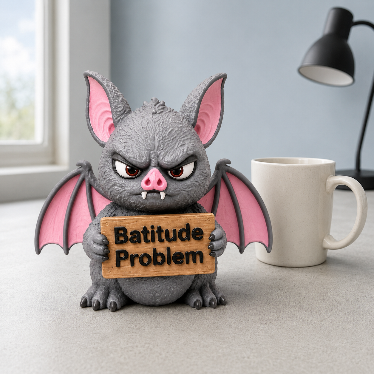 A cute gray cartoon bat figurine with pink wings and ears holding a wooden sign that says 'Batitude Problem' in black letters. The figurine is set on a light gray tabletop next to a white ceramic mug, with a blurred window and black desk lamp in the background.