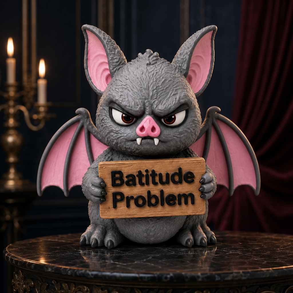 A gray cartoon bat figurine with pink wings and ears sits on a dark table holding a wooden sign that reads 'Batitude Problem' in a moody room with candles and dark drapery in the background.