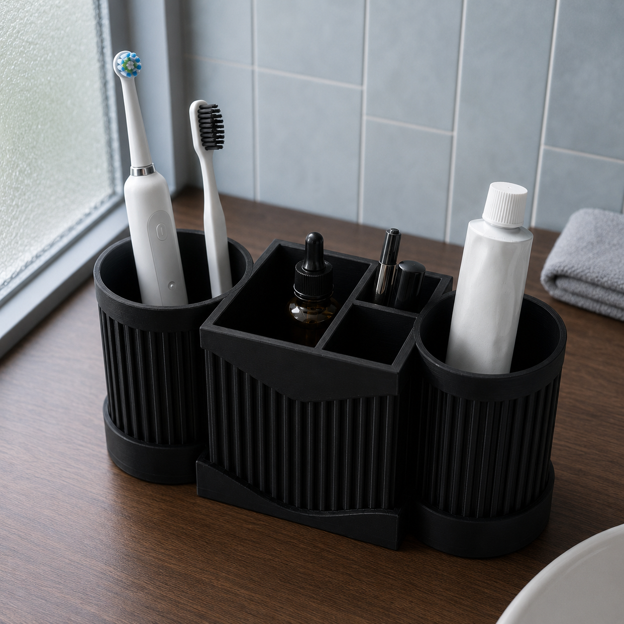 A black bathroom toothbrush holder organizer with two ribbed cylindrical cups and a central divided tray, shown on a wooden countertop with toothbrushes, a toothpaste tube, and small bottles. A tiled wall and folded towel are visible in the background.