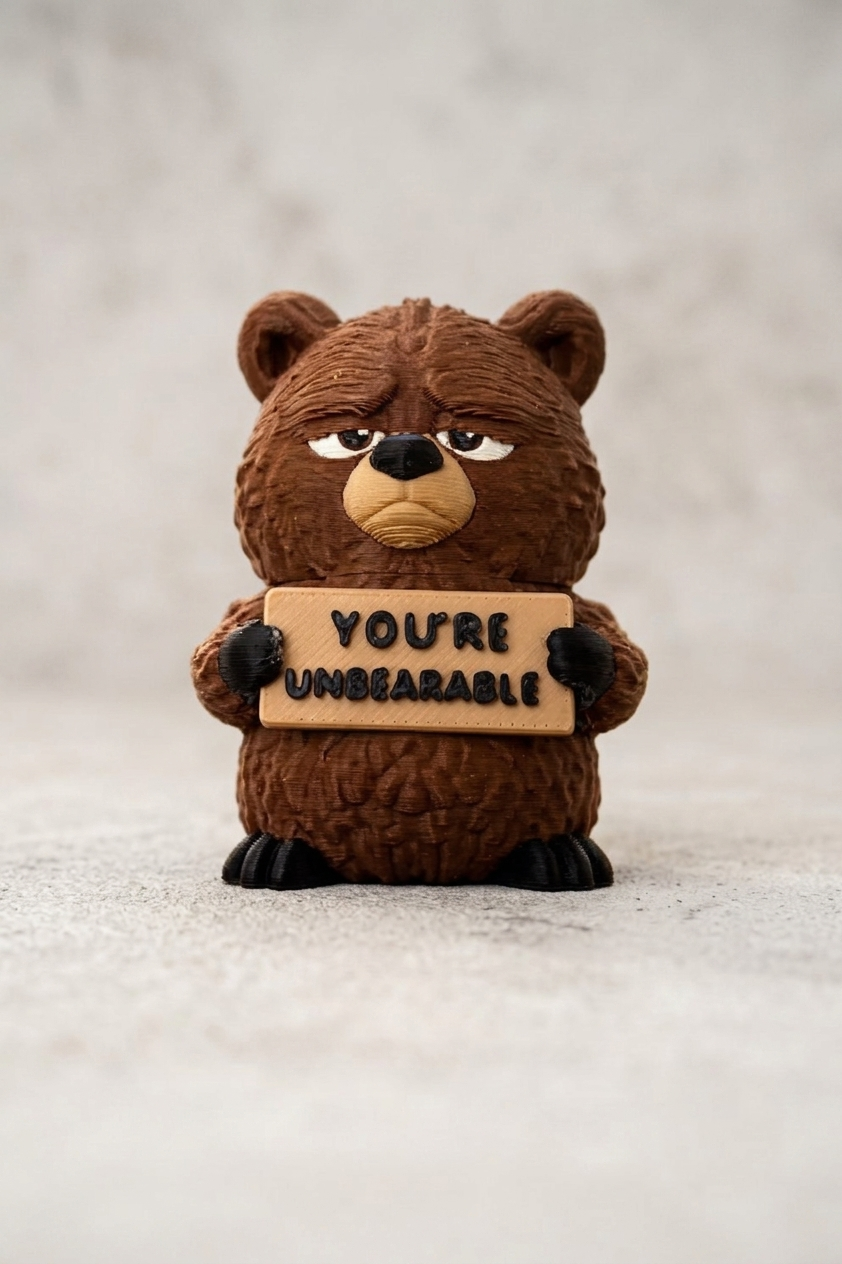 A small brown bear figurine holding a tan sign that reads 'YOU'RE UNSBEARABLE' in black letters, photographed against a soft light gray background.