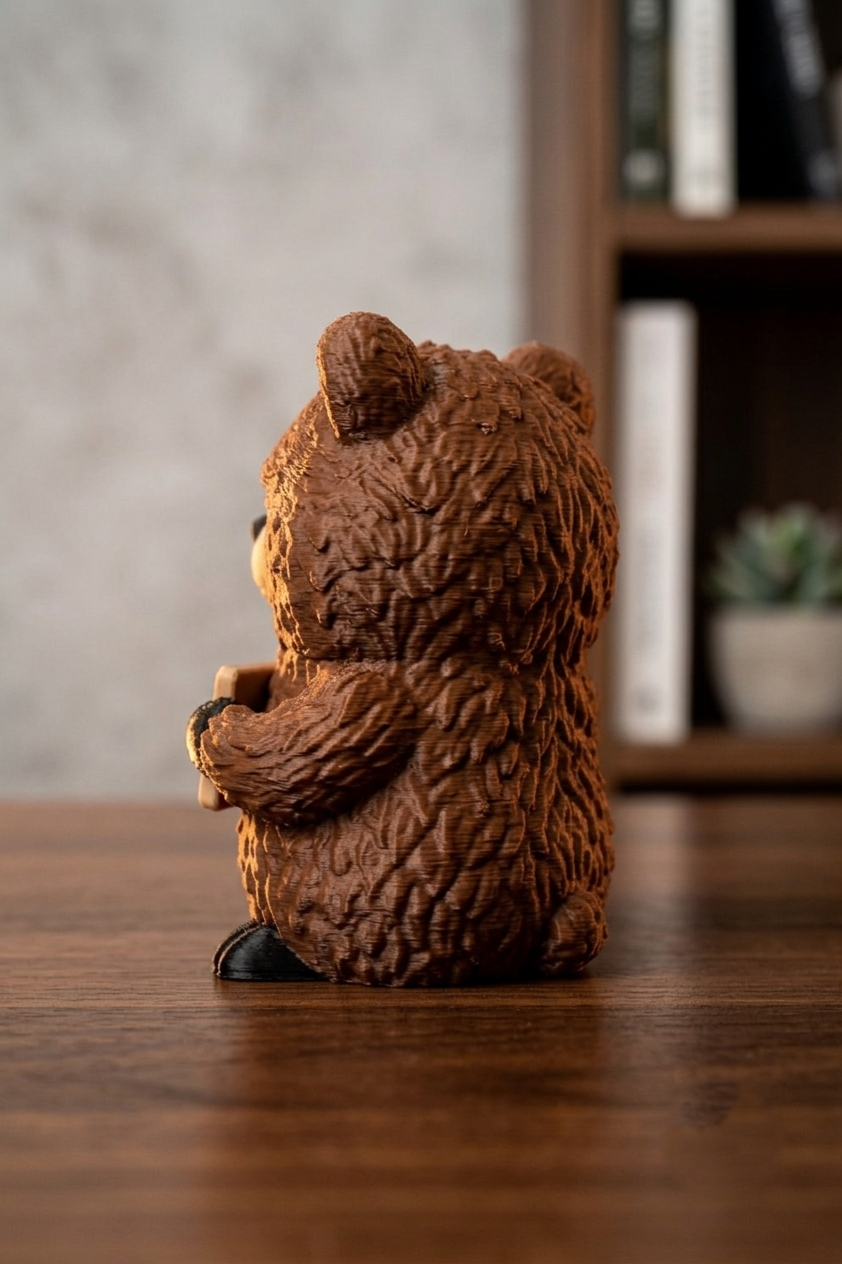 A small brown bear figurine sitting on a wooden table in a home interior setting with a blurred bookshelf in the background.