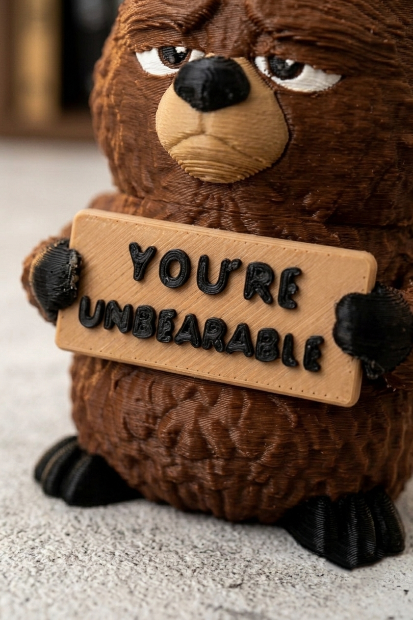 A brown textured bear-shaped figurine holding a tan sign that reads 'YOU'RE UNBEARABLE' in raised black letters, photographed close up on a light surface.