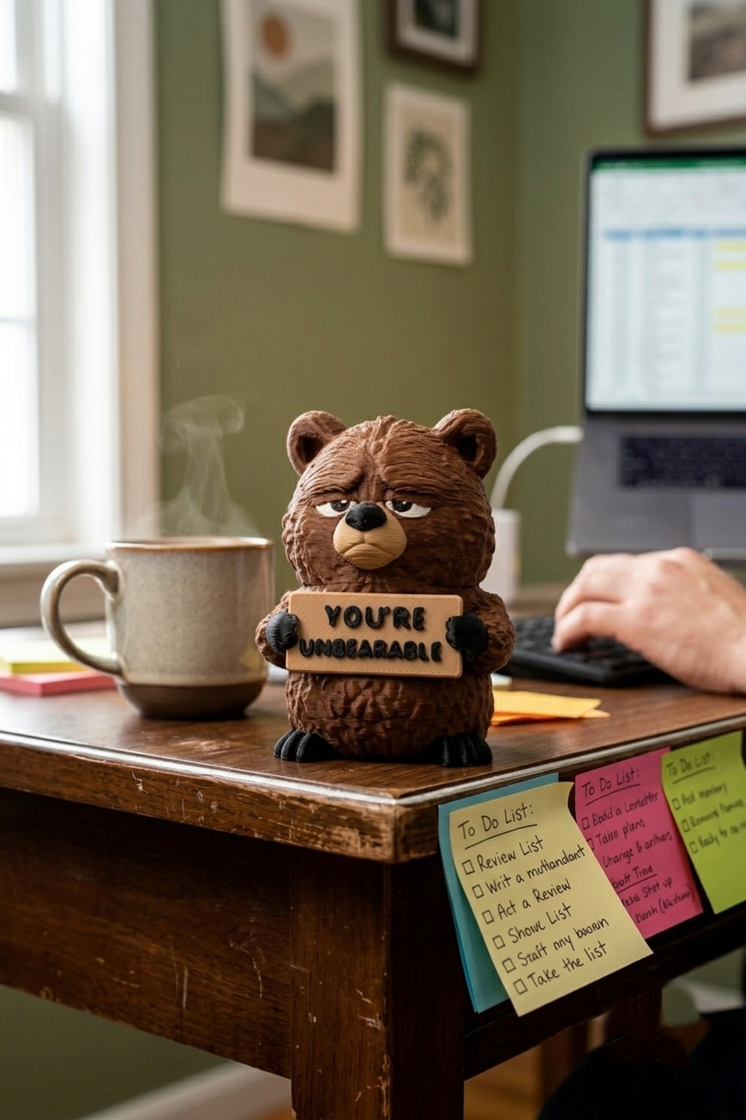 A small brown bear figurine sitting on a wooden desk, holding a sign that reads 'YOU'RE UNAMEABLE'. A ceramic mug, a laptop, and colorful sticky notes are visible in the background of this office-like setting.