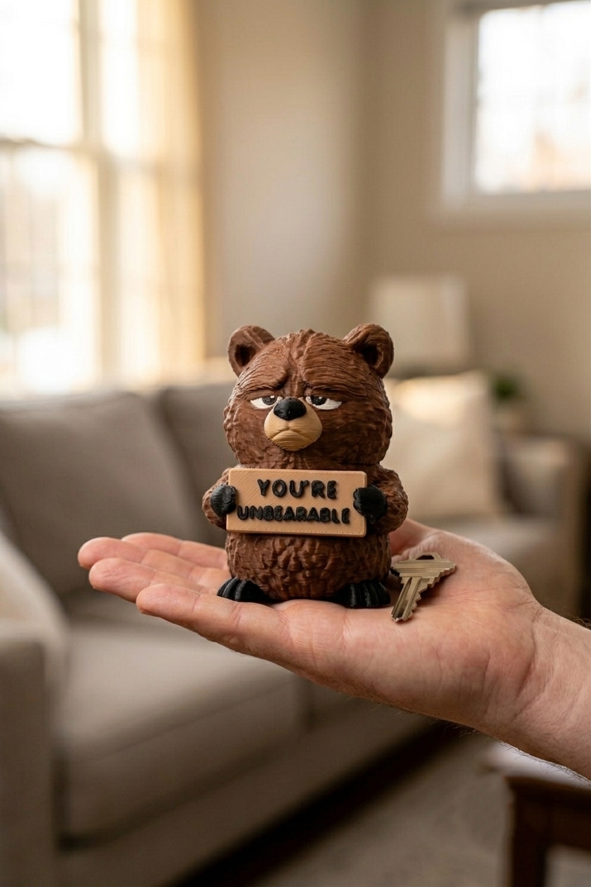 A small brown bear figurine holding a sign that reads 'YOU'RE UNAMEABLE' is displayed on a person's open hand in a softly blurred living room setting.