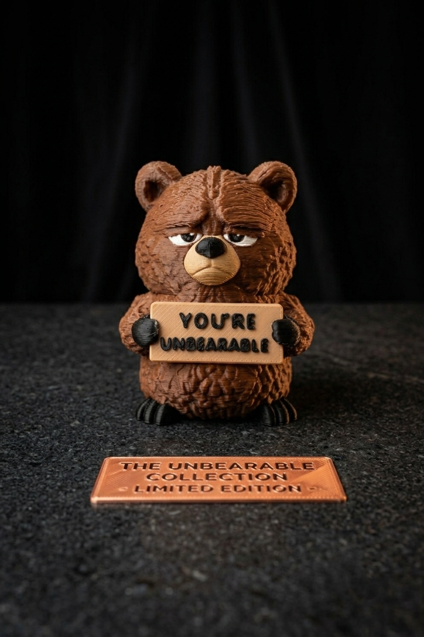 A brown bear figurine holding a sign that reads 'YOU'RE UNBEARABLE' stands on a dark textured surface against a black backdrop. A bronze plaque in front reads 'THE UNBEARABLE COLLECTION LIMITED EDITION.