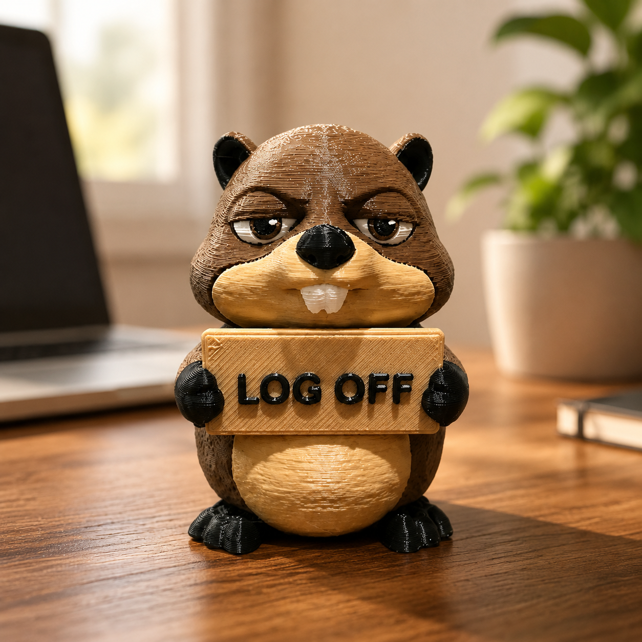 A cartoon beaver figurine holding a wooden sign that says 'LOG OFF' in bold black letters, placed on a wooden desk with a blurred laptop and plant in the background.