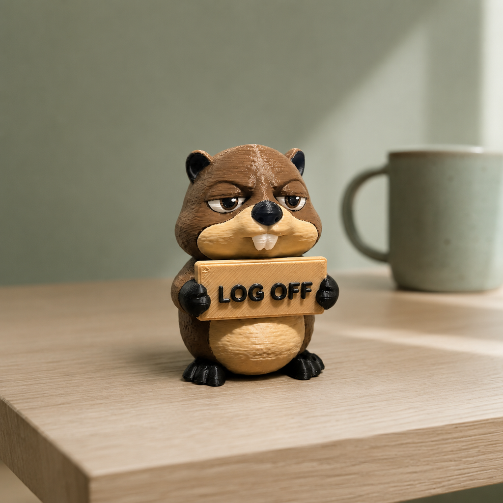 A small brown beaver figurine holding a wooden sign that reads 'LOG OFF' sits on a light wood tabletop, with a blurred gray mug in the background.