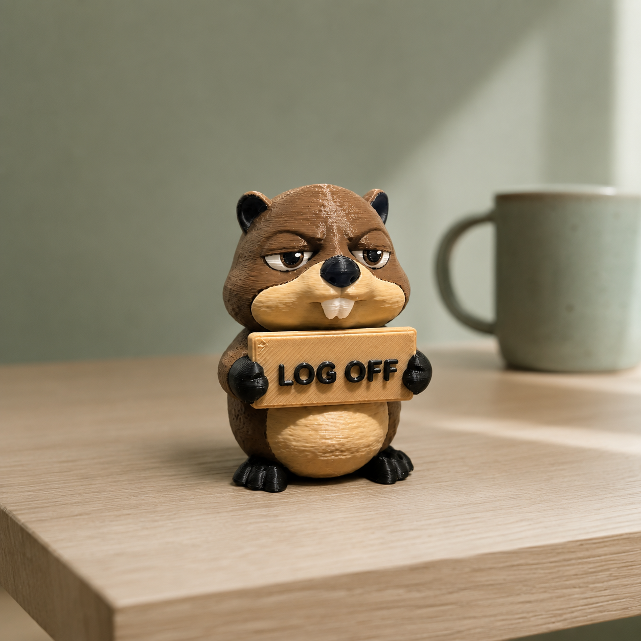 A small brown beaver figurine holding a wooden sign that reads 'LOG OFF' sits on a light wood tabletop, with a blurred gray mug in the background.
