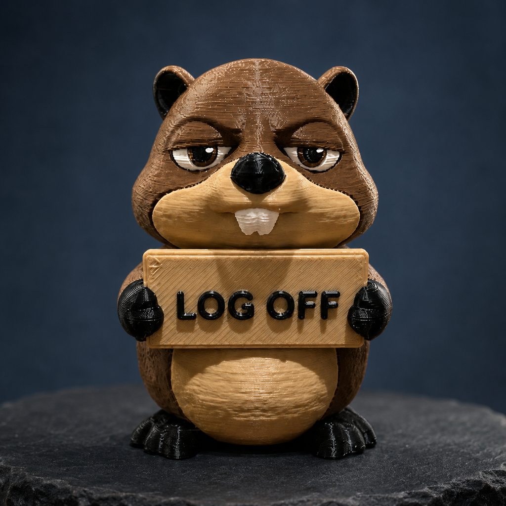 A cartoon beaver figurine holding a wooden sign that reads 'LOG OFF' in black letters, set against a dark blue background.