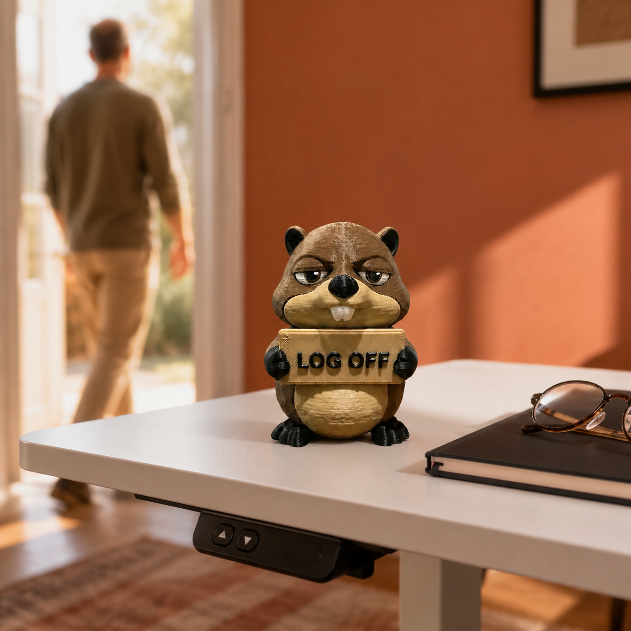 A small cartoon beaver figurine holding a sign that reads 'LOG OFF' sits on a white desk in a home office setting. A blurred man is walking away in the background, and a notebook with glasses rests on the desk.