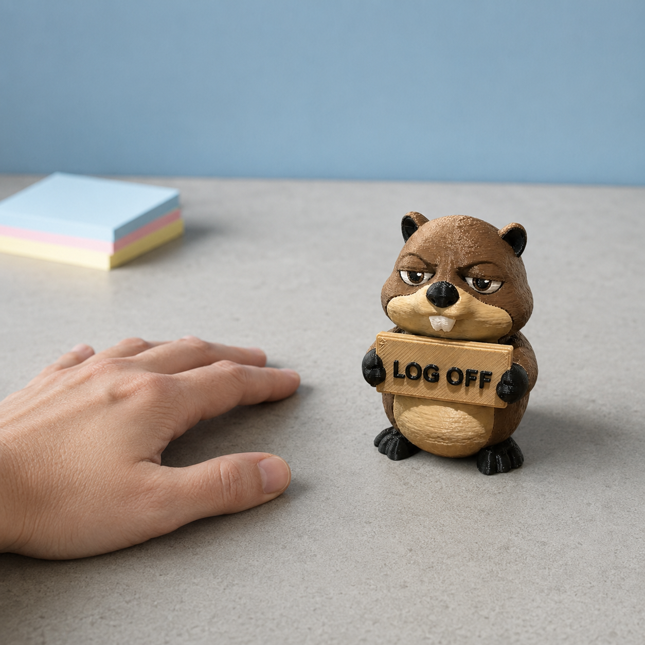 A small brown beaver figurine holding a sign that says 'LOG OFF' sits on a gray tabletop next to a human hand for scale, with a stack of pastel sticky notes and a blue wall in the background.