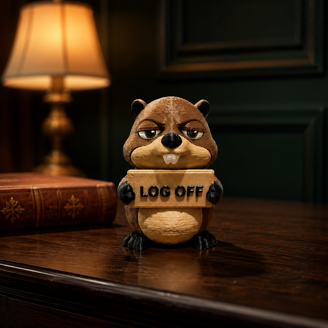 A small beaver figurine holding a sign that reads 'LOG OFF' sits on a dark wooden table in a dimly lit room with a lamp and book in the background.