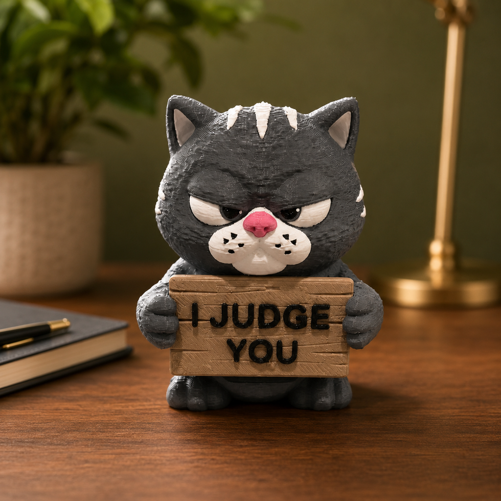 A gray cartoon cat figurine standing on a wooden table, holding a small sign that reads “I JUDGE YOU.” The background shows a softly blurred indoor setting with a plant, lamp, notebook, and tabletop.