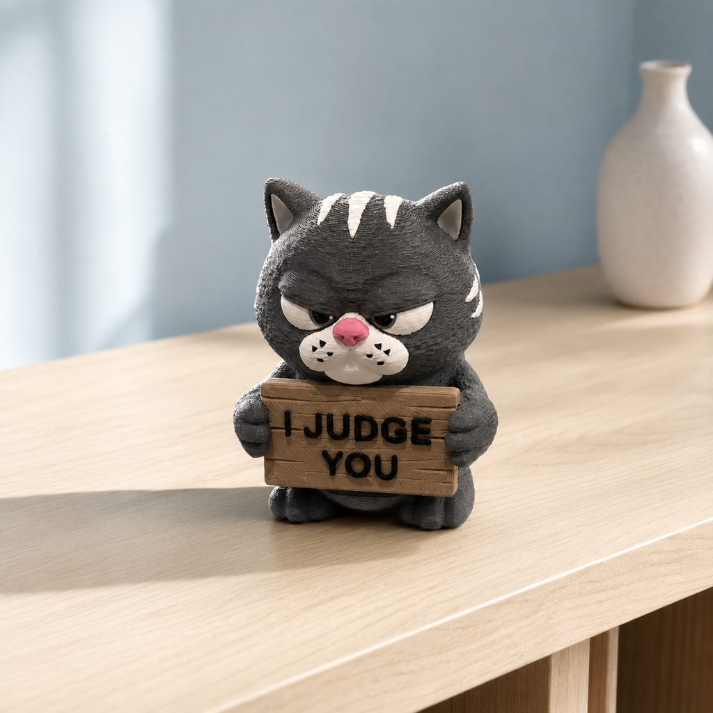 A gray cartoon cat figurine holding a small wooden sign that reads 'I JUDGE YOU', placed on a light wood tabletop with a soft-focus blue wall and white vase in the background.
