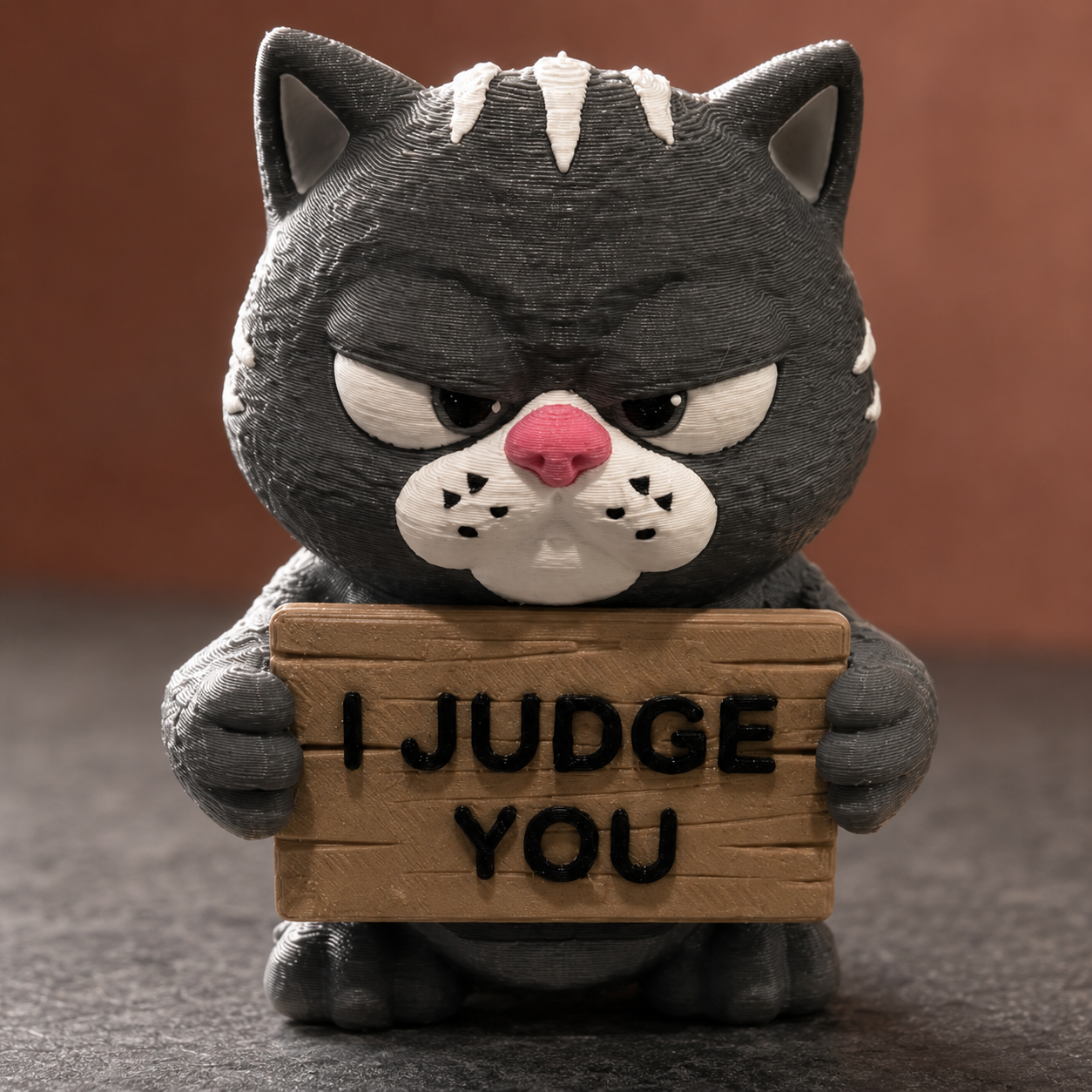 A dark gray cartoon cat figurine holding a wooden sign that reads 'I JUDGE YOU' in black letters. The cat has white markings on its face and paws, a pink nose, and an angry expression.