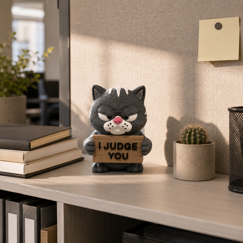 A small gray cat figurine standing on a desk, holding a wooden sign that reads “I JUDGE YOU.” The scene is styled like an office or study with books, a cactus, a sticky note, and natural sunlight casting shadows on a textured wall.