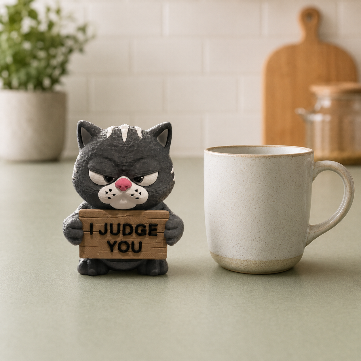 A small gray cat figurine holding a wooden sign that reads 'I JUDGE YOU' sits on a countertop beside a speckled light beige ceramic mug. The background shows a softly blurred kitchen scene with a plant, cutting board, and jar.