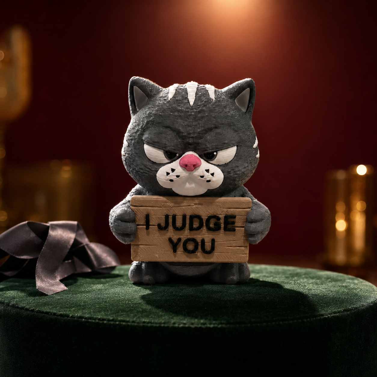 A gray cartoon cat figurine holding a wooden sign that reads 'I JUDGE YOU', posed on a dark green pedestal against a warm red and gold blurred background.