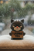 Animated character holding a sign that says 'I Judge You' on a gray background