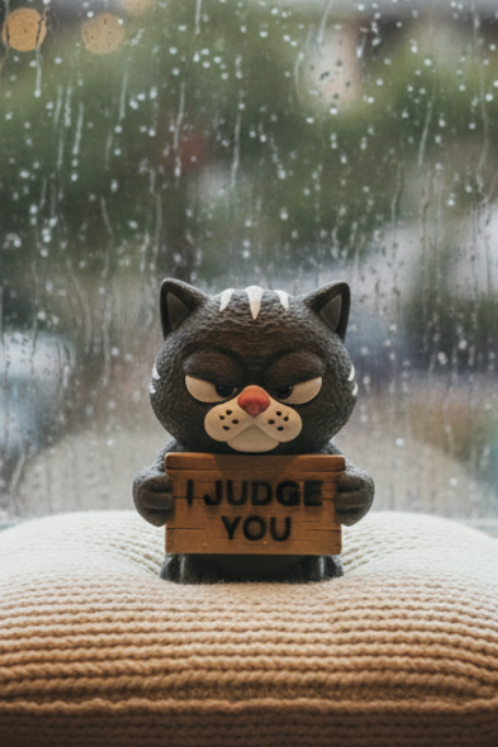 Animated character holding a sign that says 'I Judge You' on a gray background
