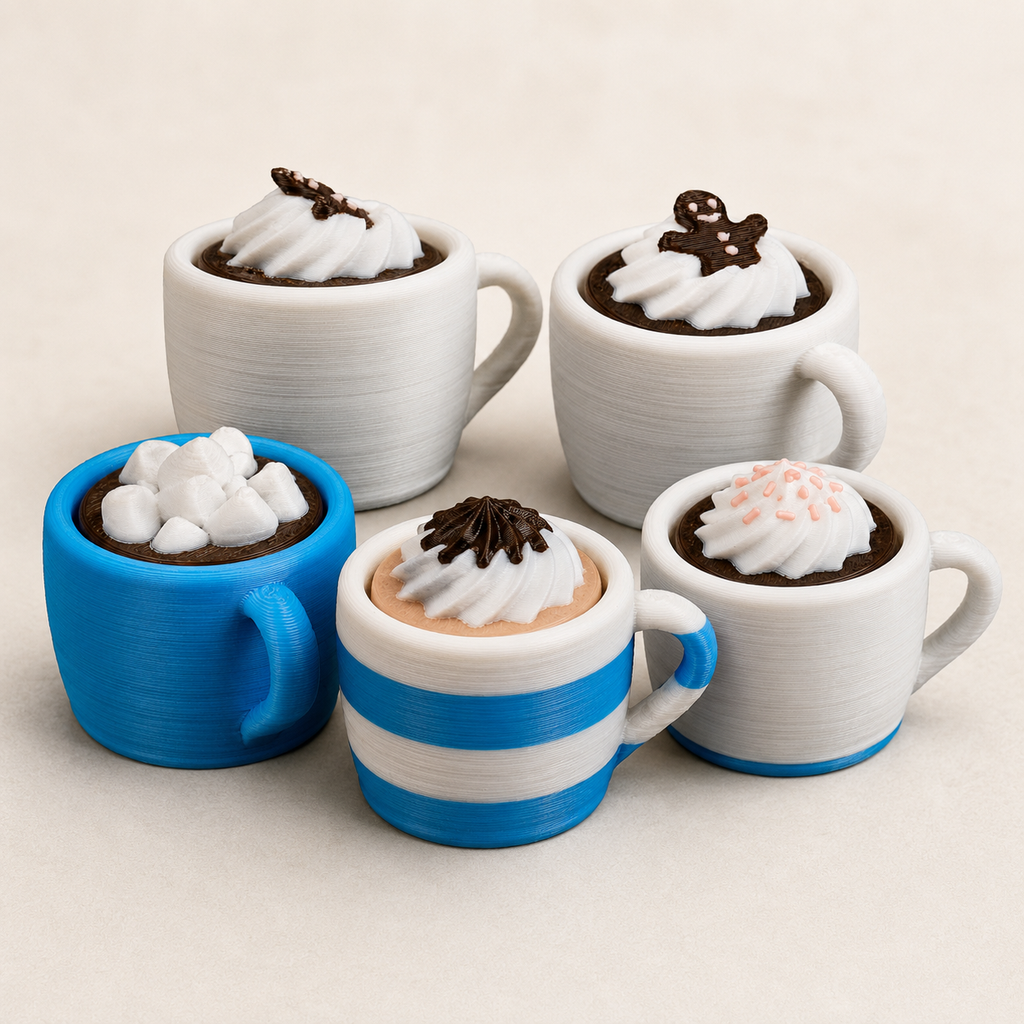 Five miniature hot cocoa cups in various colors and designs, arranged on a light beige background. The cups include white, blue, and blue-and-white striped bodies, filled with dark chocolate and topped with white whipped cream, chocolate drizzle, marshmallows, and pink sprinkles.