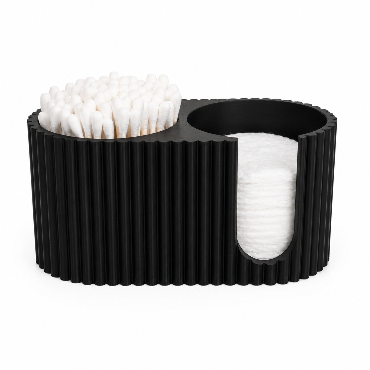 Front view of black 3D printed dual cotton swab and cotton round holder on a white background.