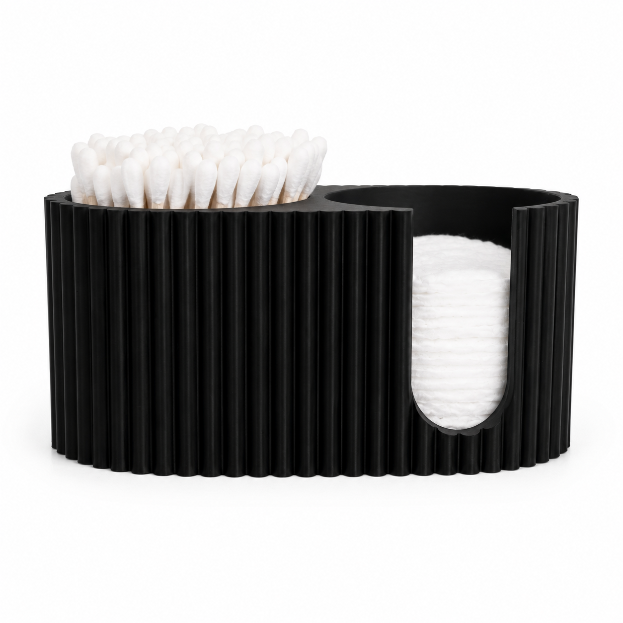 Side profile of minimalist ribbed bathroom organizer showing dual storage compartments.