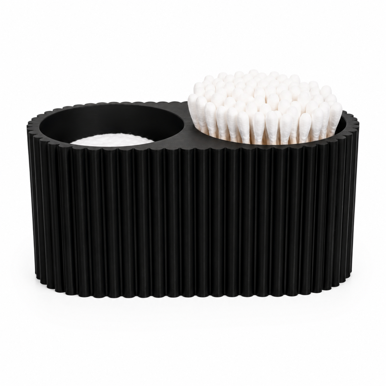 Rear view of modern black cotton swab and cotton pad organizer with ribbed texture.