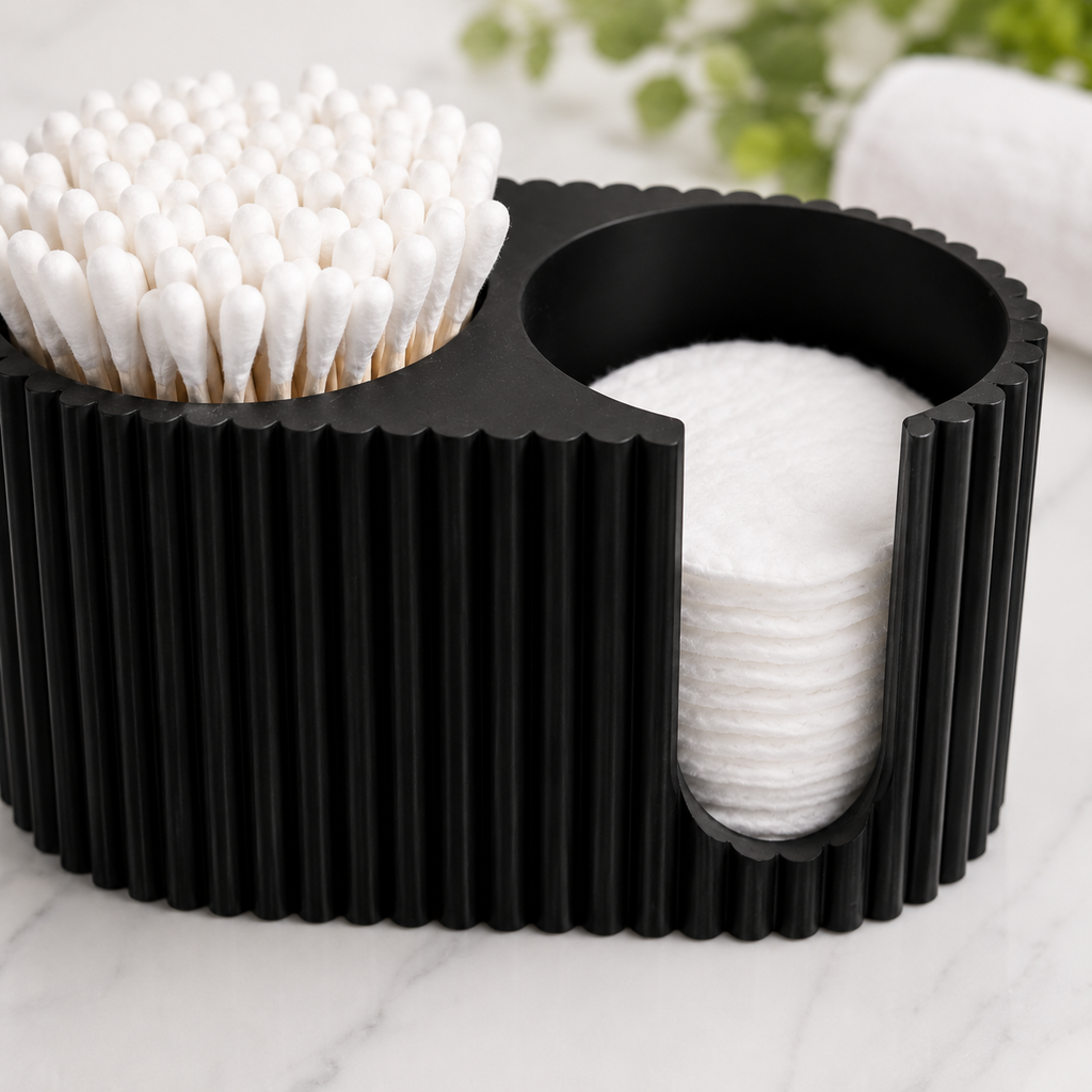 Close-up of ribbed 3D printed bathroom organizer highlighting premium texture and craftsmanship.