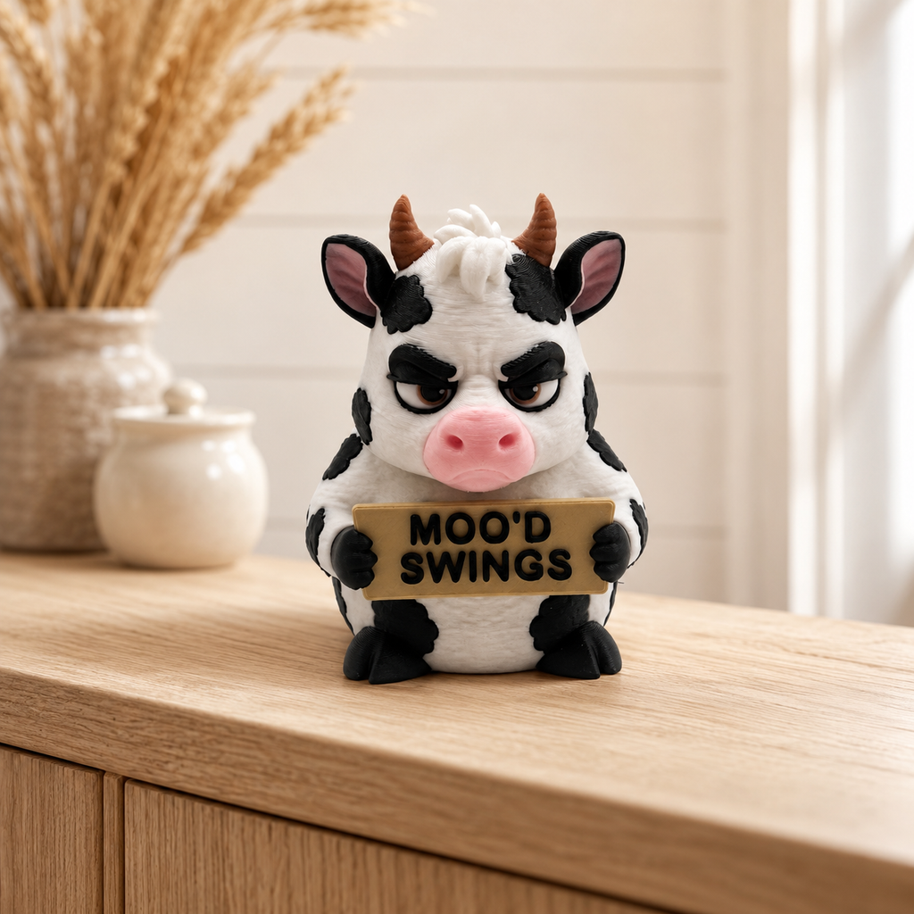 Grumpy black-and-white dairy cow figurine holding a Moo’d Swings sign on a farmhouse-style wooden table.
