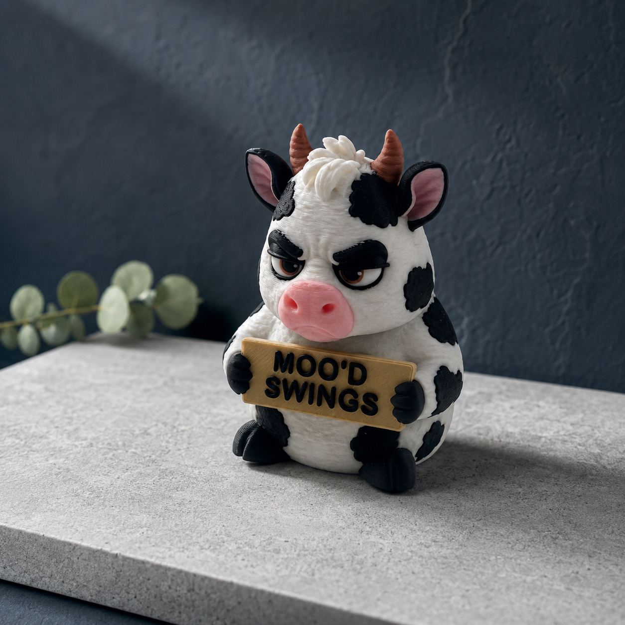 Three-quarter view of a 3D-printed dairy cow figurine showing its black patches, pink muzzle, horns, and humorous sign.