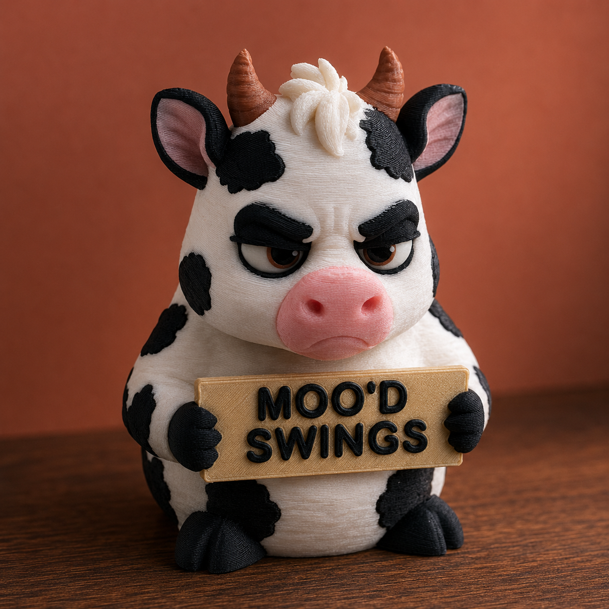 Close-up of the cow figurine showing its expressive face, layered print texture, and raised Moo’d Swings lettering.