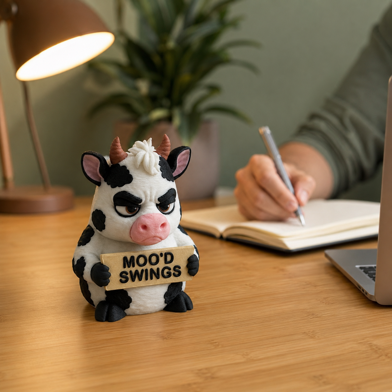 A small cow figurine with black and white spots sits on a wooden desk holding a sign that reads 'MOO'D SWINGS'. In the background, a person's hand is visible writing in an open notebook, with a lamp, plant, and laptop also in view.